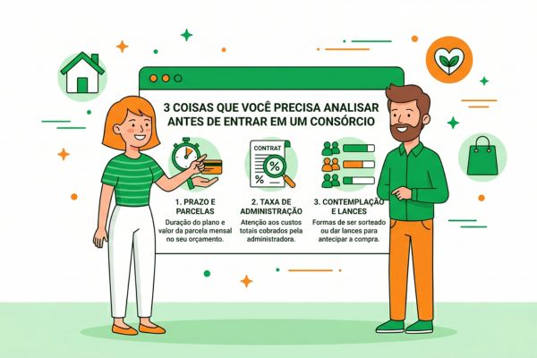 Ilustração de casal planejando a compra de casa e carro comparando consórcio e financiamento