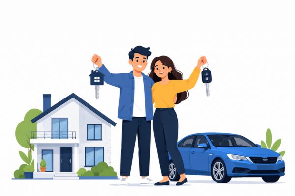 Ilustração de casal planejando conquista de casa e carro com consórcio ou financiamento