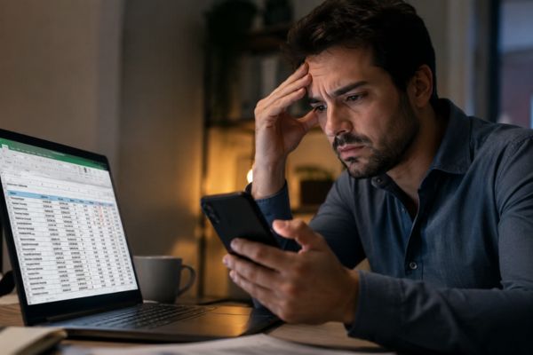 pessoa frustrada tentando organizar finanças com planilha