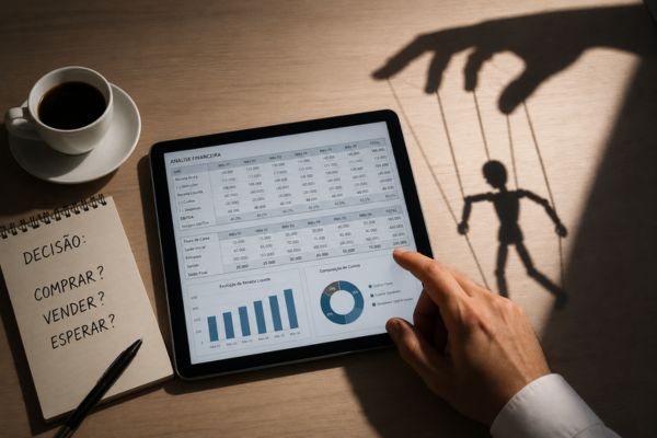 Uma metáfora visual sobre psicologia do dinheiro o controle das decisões. A imagem mostra uma mesa de escritório minimalista vista de cima
